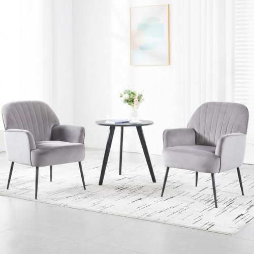 Velvet Accent Chair, Channel Tufted Shell Back Armchair, Ergonomic Upholstered Reading Chair with Wood Legs, Modern Single Sofa Chair for Living Room, Bedroom, Vanity (Gray)