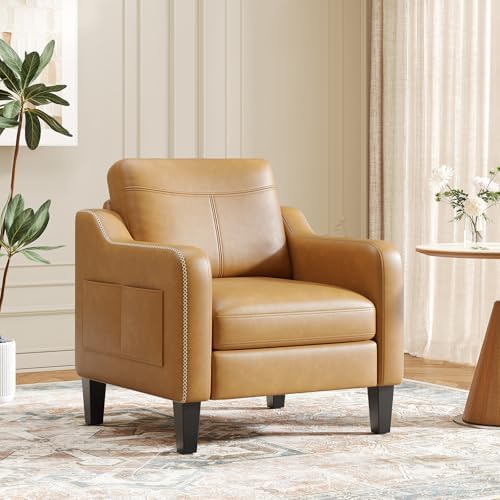 MALOL PU Leather Accent Chair, Mid-Century Modern Living Room Armchair Sofa with Removable Cushions, Solid Wood Frame & Stitched Armrest Design, Bedroom Chair with Plastic Legs, Chocolate Brown