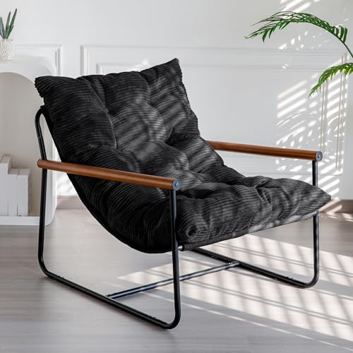 MAXYOYO Modern Accent Chair, Comfy Living Room Chair with Metal Frame Wooden Armrest, Upholstered Armchair with Soft Cushion for Bedroom Balcony Lounge Reading Room, Beige