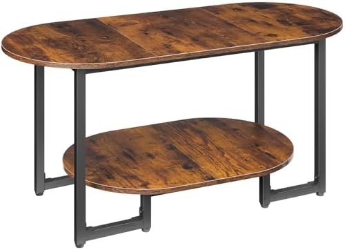 HOOBRO Coffee Table for Living Room, Oval Small Coffee Table with 2-Tier Open Storage Shelf, Industrial Cocktail Tea Table, Wooden Desktop Center Table, Farmhouse, Home Office, Rustic Brown BF09KF01