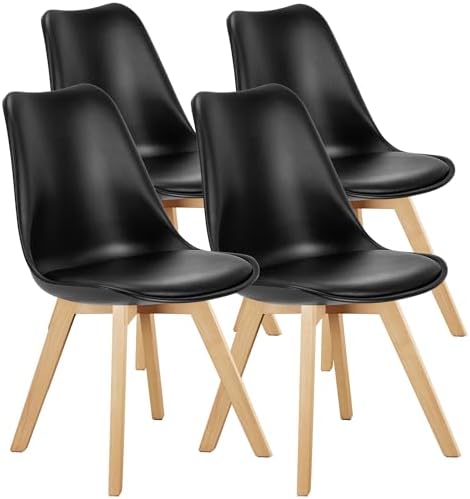 OLIXIS Dining Chairs Set of 4, Mid Century Modern Accent Chairs with Curved Backrest and Wood Legs, PU Leather Upholstered Kitchen Side Chair for Living Room, Bedroom, Outdoor Patio, White