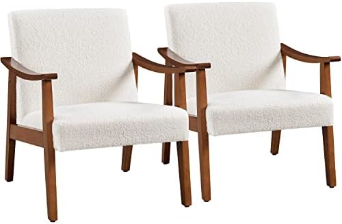 Yaheetech Faux Leather Accent Chair, Mid-Century Modern Armchair with Solid Wood Legs, Reading Leisure Chair with High Back for Living Room Bedroom Waiting Room, Set of 2, Brown