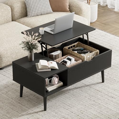 Wood Lift Top Coffee Table with Hidden Storage Compartment & Open Shelf, Multi-Functional Wooden Tabletop Dining Table for Living Room, Home Small Space