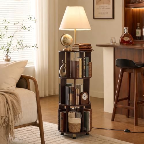 Tribesigns 62.2'' Wood Bookcase with Light, 4 Tier Bookshelf Floor Lamp | Modern Freestanding Storage Shelf with Linen Fabric Shade, Corner Bookcase with Reading Light for Living Room, Bedroom