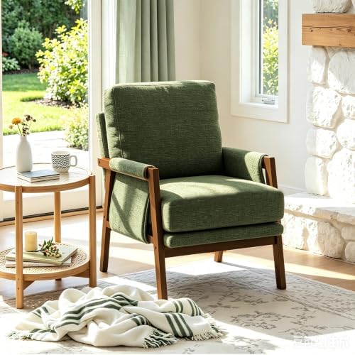 RNKSFX Cream Accent Chair for Bedroom & Living Room, Mid Century Modern Accent Arm Chair, Upholstered Anthropologie Accent Chair with Solid Wood Frame, Fabric