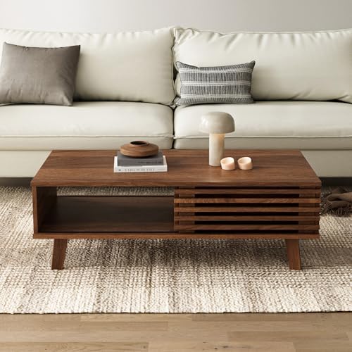 Furniway Mid Century Modern Coffee Table, Wood Coffee Table with Storage, Farmhouse Table for Living Room, Apartment, Walnut