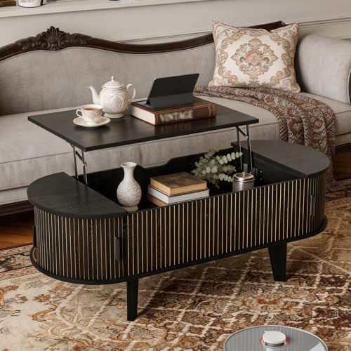 Oval Lift Top Coffee Table with Storage, 47.2" Mid Century Modern Living Room Center Table with 180° Sliding Tambour Door, Wood Fluted Coffee Table for Home Office, Walnut