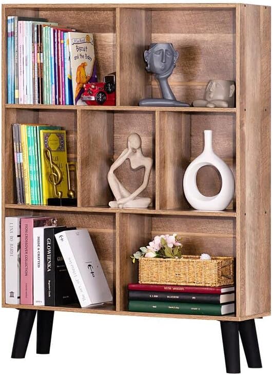 LEYAOYAO Cube Bookshelf 3 Tier Mid-Century Rustic Brown Modern Bookcase with Legs,Retro Wood Bookshelves Storage Organizer Shelf,Freestanding Open Book Shelves for Bedroom,Living Room,Office — Oak / 7 Cube with Legs