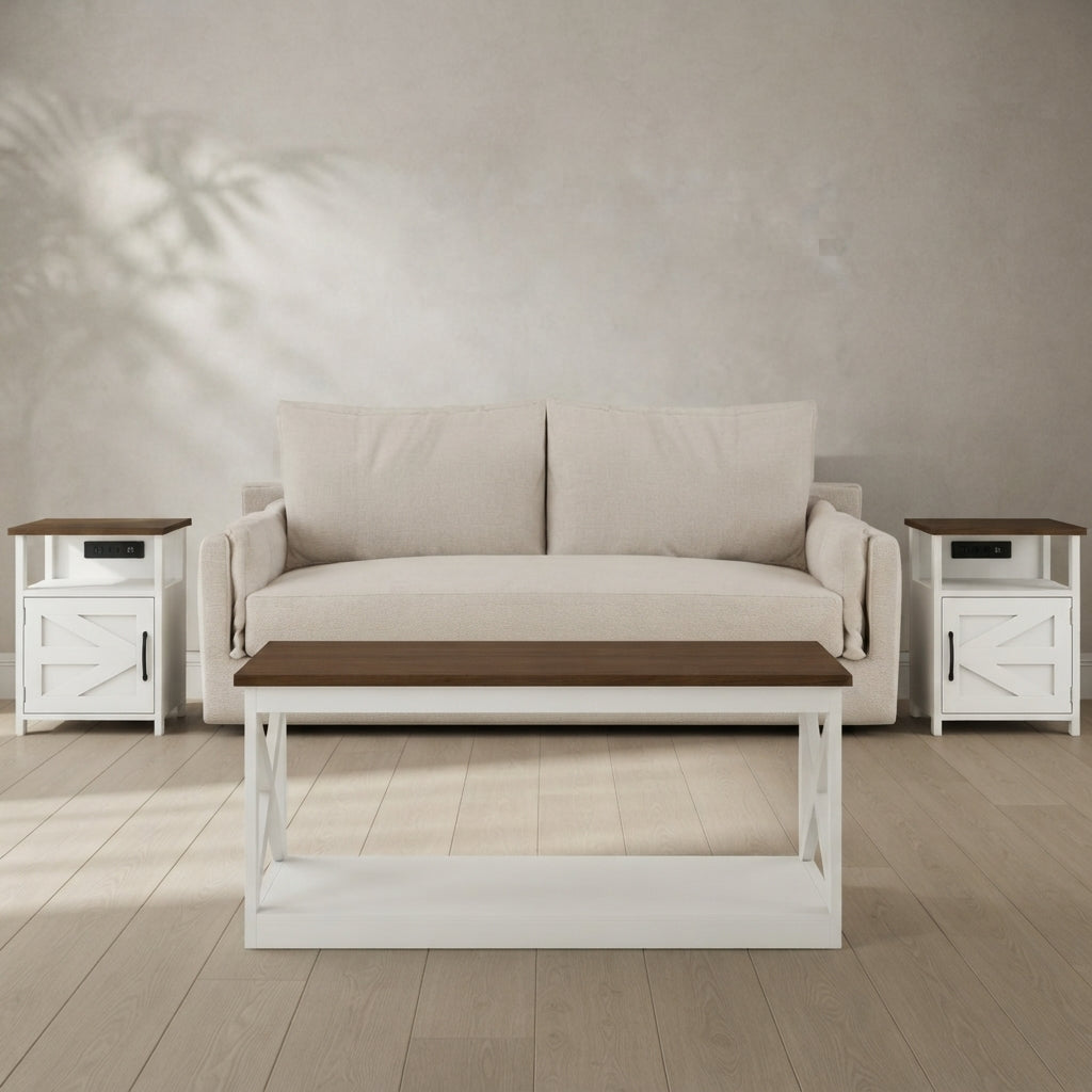 Farmhouse Coffee & End Table Set — 3-Piece with Built-In Power | Ashnook
