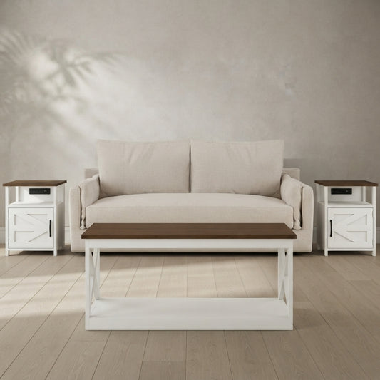Farmhouse Coffee & End Table Set — 3-Piece with Built-In Power | Ashnook