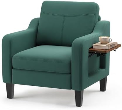 Accent Chair for Living Room, Mid-Century Upholstered Armchair with Foldable Table & 2 Side Pockets, Modern Linen Wooden Sofa Chair for Bedroom & Reading Room, Light Grey — Green / 1 (2)