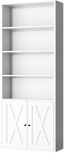 Shintenchi Bookshelf, Industrial Bookshelves and Bookcases with Doors Floor Standing 6 Shelf Display Storage Shelves 70.9 inches Tall Bookcase for Home Office, Living Room (Black) — White (2)