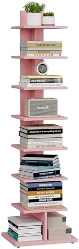 TUTOTAK Book Shelf, Narrow Spine Bookshelf, 8-Tier Bookcase for Small Space | 10.4 x 13.4 x 47.5 Inches Vertical Freestanding Corner Shelf for Living Room, Office, Study, Entryway, Brown BS06BB008 — 8 Tier / Pink (2)