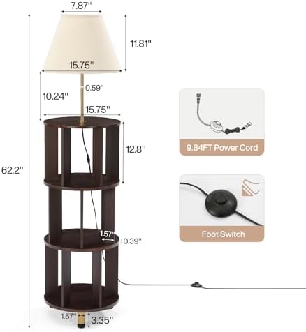 Tribesigns 62.2'' Wood Bookcase with Light, 4 Tier Bookshelf Floor Lamp | Modern Freestanding Storage Shelf with Linen Fabric Shade, Corner Bookcase with Reading Light for Living Room, Bedroom