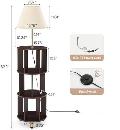 Tribesigns 62.2'' Wood Bookcase with Light, 4 Tier Bookshelf Floor Lamp | Modern Freestanding Storage Shelf with Linen Fabric Shade, Corner Bookcase with Reading Light for Living Room, Bedroom