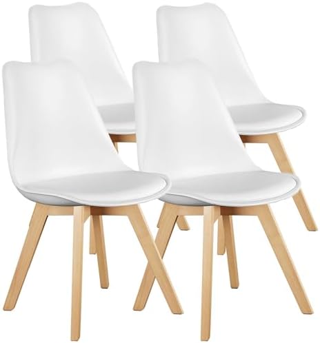 OLIXIS Dining Chairs Set of 4, Mid Century Modern Accent Chairs with Curved Backrest and Wood Legs, PU Leather Upholstered Kitchen Side Chair for Living Room, Bedroom, Outdoor Patio, White