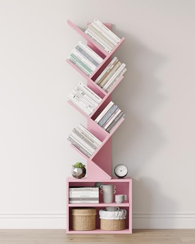 SUNMORY 6 Tier Tree Bookshelf, Small Bookcase with Storage Cabinet, Modern Tall Narrow Bookshelves Organizer, Floor Standing Book Shelf for Bedroom/Living Room/Home Office/Corner, Rustic Brown