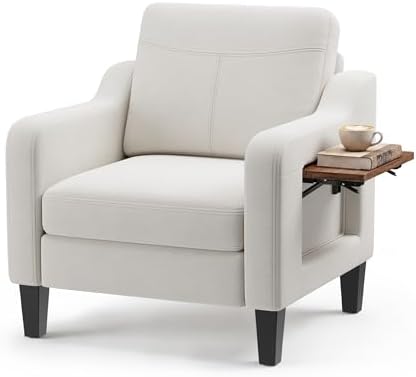 Accent Chair for Living Room, Mid-Century Upholstered Armchair with Foldable Table & 2 Side Pockets, Modern Linen Wooden Sofa Chair for Bedroom & Reading Room, Light Grey — Beige / 1 (2)