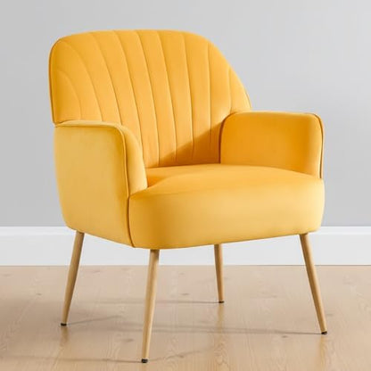 Velvet Accent Chair, Channel Tufted Shell Back Armchair, Ergonomic Upholstered Reading Chair with Wood Legs, Modern Single Sofa Chair for Living Room, Bedroom, Vanity (Gray) — Yellow (2)
