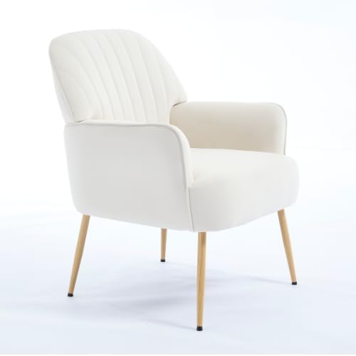 Velvet Accent Chair, Channel Tufted Shell Back Armchair, Ergonomic Upholstered Reading Chair with Wood Legs, Modern Single Sofa Chair for Living Room, Bedroom, Vanity (Gray) — Cream White (2)