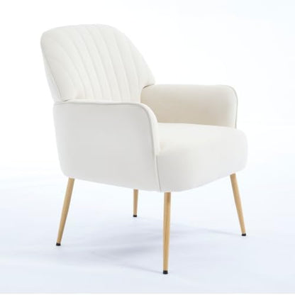 Velvet Accent Chair, Channel Tufted Shell Back Armchair, Ergonomic Upholstered Reading Chair with Wood Legs, Modern Single Sofa Chair for Living Room, Bedroom, Vanity (Gray) — Cream White (2)