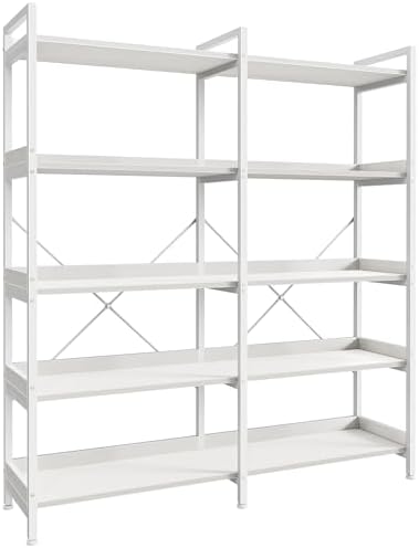 Huuger 5 Tier Bookshelf, Display Bookshelf with 10 Open Shelves and Raised Baffle, 47.2 Inch Straight Wide Bookcase with Metal Frame and Wooden Board, Adjustable Feet, Rustic Brown — 5 Tier / White (2)