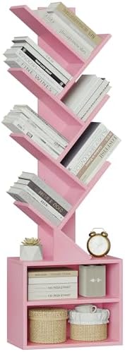 SUNMORY 6 Tier Tree Bookshelf, Small Bookcase with Storage Cabinet, Modern Tall Narrow Bookshelves Organizer, Floor Standing Book Shelf for Bedroom/Living Room/Home Office/Corner, Rustic Brown — Pink / 6 Tier-Standard (2)