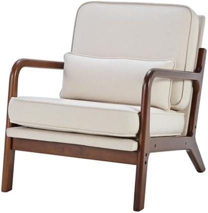 DUMOS Mid Century Modern Accent Chair, Armchair with Lumbar Pillow and Waist Cushion, Solid Wood Frame Lounge Chair for Living Room, Bedroom, Reading Nook, Small Apartment Corner, Ivory White