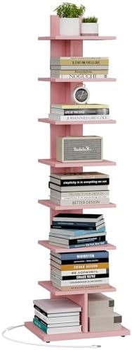 TUTOTAK Book Shelf, Narrow Spine Bookshelf, 8-Tier Bookcase for Small Space | 10.4 x 13.4 x 47.5 Inches Vertical Freestanding Corner Shelf for Living Room, Office, Study, Entryway, Brown BS06BB008 — 8 Tier / Pink(led Light) (2)