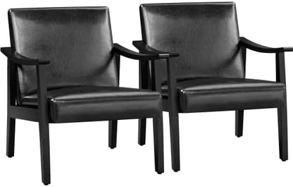 Yaheetech Faux Leather Accent Chair, Mid-Century Modern Armchair with Solid Wood Legs, Reading Leisure Chair with High Back for Living Room Bedroom Waiting Room, Set of 2, Brown — Black / Faux Leather (2)