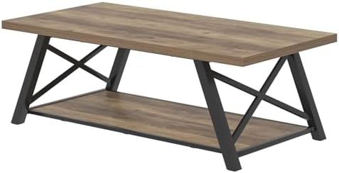 EXCEFUR Modern Coffee Table, Rectangle Center Table for Living Room with Storage Shelf, Industrial Wood and Metal Cocktail Tea Table, Rustic Oak, 47 Inch