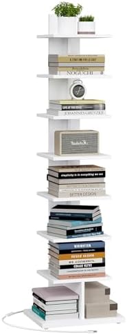TUTOTAK Book Shelf, Narrow Spine Bookshelf, 8-Tier Bookcase for Small Space | 10.4 x 13.4 x 47.5 Inches Vertical Freestanding Corner Shelf for Living Room, Office, Study, Entryway, Brown BS06BB008 — 8 Tier / White(led Light) (2)