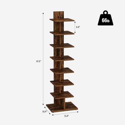 TUTOTAK Book Shelf, Narrow Spine Bookshelf, 8-Tier Bookcase for Small Space | 10.4 x 13.4 x 47.5 Inches Vertical Freestanding Corner Shelf for Living Room, Office, Study, Entryway, Brown BS06BB008