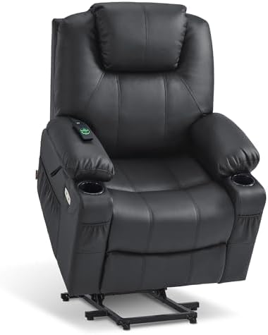 MCombo Electric Power Lift Recliner Chair Sofa with Massage and Heat for Elderly, 3 Positions, 2 Side Pockets, and Cup Holders, USB Ports, Faux Leather 7040 (Grey, Medium) — Large / Black (2)