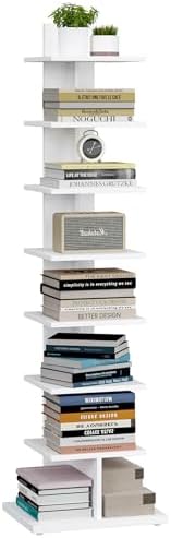 TUTOTAK Book Shelf, Narrow Spine Bookshelf, 8-Tier Bookcase for Small Space | 10.4 x 13.4 x 47.5 Inches Vertical Freestanding Corner Shelf for Living Room, Office, Study, Entryway, Brown BS06BB008 — 6 Tier - Shelf / White (2)