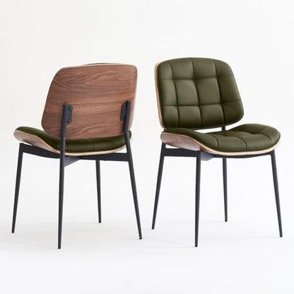 GrandNoor Mid Century Modern Dining Chairs with Walnut Grain Back, Brown Faux Leather Dining Room Chairs Set of 2, Checkered Soft Cushion Kitchen Chairs with Adjustable Foot Pads
