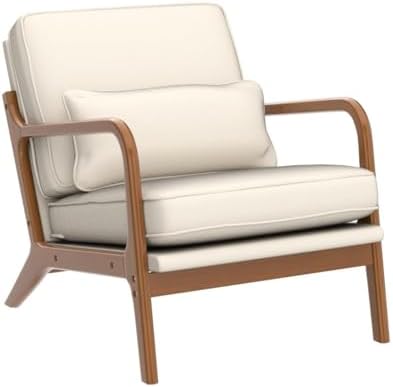Karl home Mid-Century Modern Accent Reading Chair, Beige | Linen Upholstered, Solid Wood Frame, Soft Cushion, Lumbar Pillow, Lounge Armchair for Living Room, Bedroom, Balcony, Study