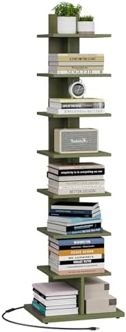 TUTOTAK Book Shelf, Narrow Spine Bookshelf, 8-Tier Bookcase for Small Space | 10.4 x 13.4 x 47.5 Inches Vertical Freestanding Corner Shelf for Living Room, Office, Study, Entryway, Brown BS06BB008 — 8 Tier / Olive Green(led Light) (2)