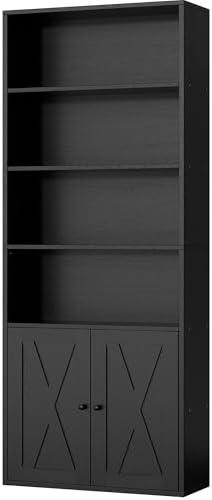 Shintenchi Bookshelf, Industrial Bookshelves and Bookcases with Doors Floor Standing 6 Shelf Display Storage Shelves 70.9 inches Tall Bookcase for Home Office, Living Room (Black) — Black (9)