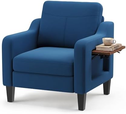 Accent Chair for Living Room, Mid-Century Upholstered Armchair with Foldable Table & 2 Side Pockets, Modern Linen Wooden Sofa Chair for Bedroom & Reading Room, Light Grey — Blue / 1 (2)