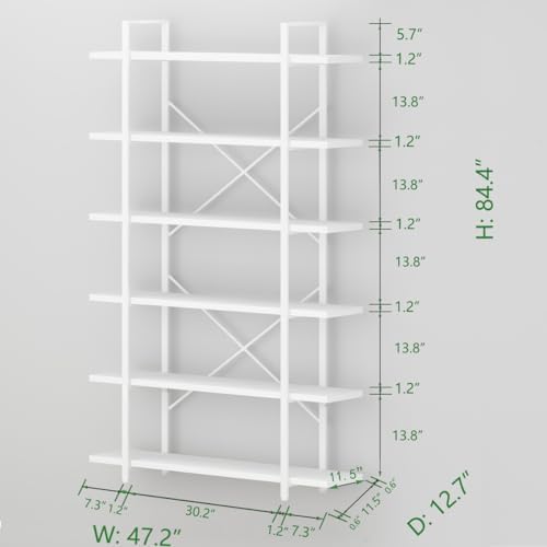 HSH White Bookshelf, 6 Tier Tall Bookcases for Bedroom Living Room Office | Industrial Modern Vertical Metal and Wood Bookcases, Farmhouse 6 Shelf Open Large Storage Book Shelves Display Book Shelf