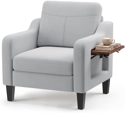 Accent Chair for Living Room, Mid-Century Upholstered Armchair with Foldable Table & 2 Side Pockets, Modern Linen Wooden Sofa Chair for Bedroom & Reading Room, Light Grey — Light Grey / 1 (9)