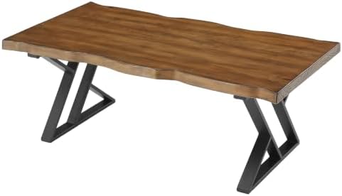 47 Inch Solid Wood Coffee Table with X-Shaped Metal Legs for Living Room | Pinewood Tabletop, Wavy Sihouette Design, Adjustable Foot Pads, Spacious Accent Center Table for Daily Storage & Display
