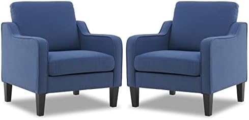 VINGLI Accent Chair for Living Room Chairs Light Brown Reading Chair for Bedroom Scooped Arm Chair Mid Century Modern Accent Chairs Upholstered Comfy Chair for Apartment, Waiting Room — 1 / Navy Blue Linen (2)
