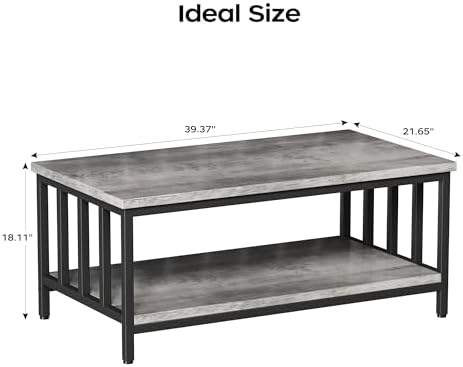 Homeiju Coffee Table for Living Room with Slatted Sides Frame, Modern Farmhouse Living Room Table with 2-Tier Storage Shelf for Home Office, Apartment, Grey Wash, 39 inch
