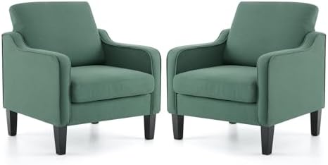 VINGLI Accent Chair for Living Room Chairs Light Brown Reading Chair for Bedroom Scooped Arm Chair Mid Century Modern Accent Chairs Upholstered Comfy Chair for Apartment, Waiting Room — 1 / Green Linen (2)