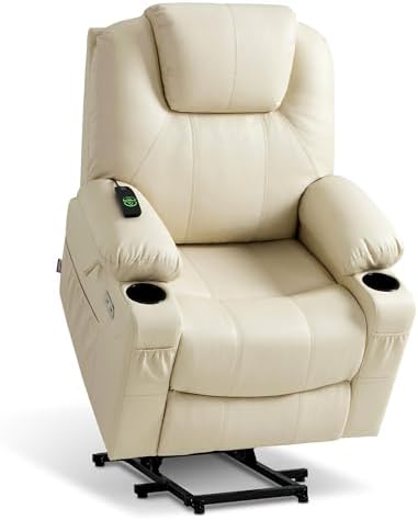 MCombo Electric Power Lift Recliner Chair Sofa with Massage and Heat for Elderly, 3 Positions, 2 Side Pockets, and Cup Holders, USB Ports, Faux Leather 7040 (Grey, Medium) — Large / Cream White (2)