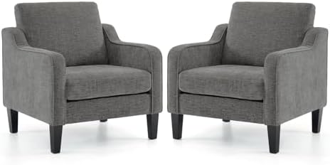 VINGLI Modern Accent Chairs Set of 2, Beige Living Room Chairs Comfy Armchair for Bedroom, Upholstered Sofa Chair Reading Chair for Small Spaces, Apartment, Waiting Room — 1 / Light Grey Chenille (2)