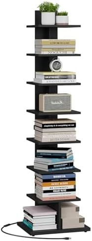 TUTOTAK Book Shelf, Narrow Spine Bookshelf, 8-Tier Bookcase for Small Space | 10.4 x 13.4 x 47.5 Inches Vertical Freestanding Corner Shelf for Living Room, Office, Study, Entryway, Brown BS06BB008 — 8 Tier / Black(led Light) (2)