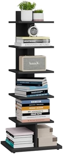 TUTOTAK Book Shelf, Narrow Spine Bookshelf, 8-Tier Bookcase for Small Space | 10.4 x 13.4 x 47.5 Inches Vertical Freestanding Corner Shelf for Living Room, Office, Study, Entryway, Brown BS06BB008 — 6 Tier - Shelf / Black (2)